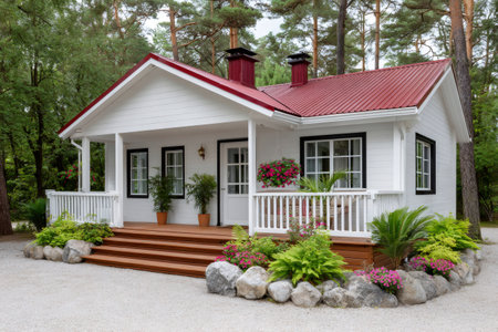 Beautiful white country house with red roof, porch, wooden stairs and flowerbeds, surrounded by lush green vegetationの素材