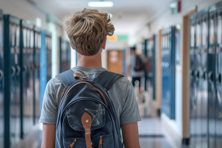 Blond male student walking down school hallway with backpackの素材