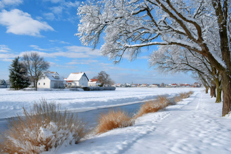Winter landscape showing snow covered trees, houses, and a frozen stream under blue skyの素材