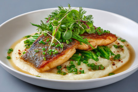 Grilled fish served on mashed potatoes with fresh herbsの素材