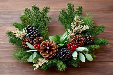 Christmas wreath made of natural materials, including pine cones, red berries, and green leaves, resting on a wooden background, creating a festive holiday decorationの素材