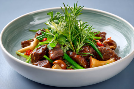 Gourmet beef stew with mushrooms, chives, watercress and rosemary served on a bowlの素材