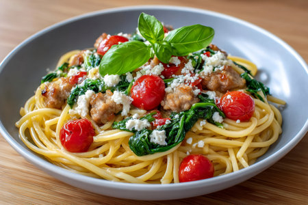 Delicious bucatini pasta with spinach, sausage, cherry tomatoes and feta, garnished with fresh basil leavesの素材