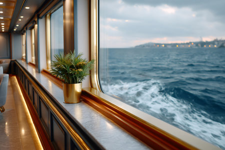 Luxurious yacht interior with Istanbul cityscape view, providing a premium travel experienceの素材