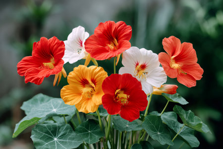 Close-up of nasturtium flowers showcasing their vibrant colors and delicate petalsの素材