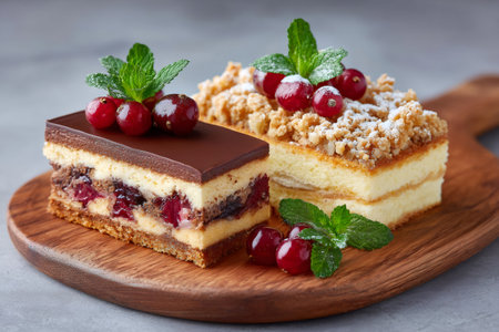 Slices of layered cakes with chocolate, cherries, and crumble topping, garnished with fresh mint and cranberries on a wooden boardの素材