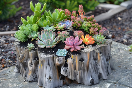 Colorful succulent plants growing in a tree stump pot in a gardenの素材