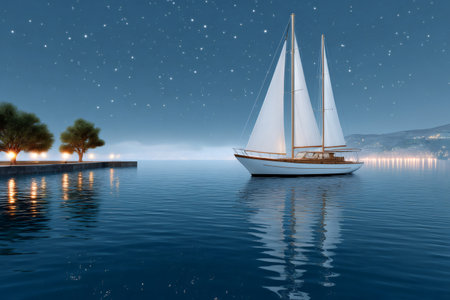 Luxury sailboat sailing near the coast at night with starry sky, creating a peaceful and romantic atmosphereの素材