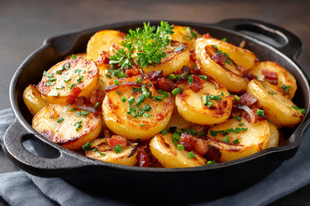 Bratkartoffeln, German fried potatoes with bacon and chives, served in a cast iron panの素材