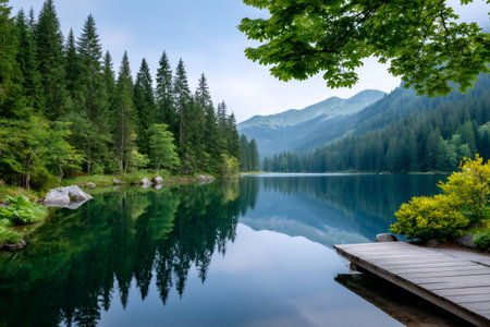 Breathtaking view of a peaceful mountain lake with a wooden pier and reflection of the surrounding natureの素材