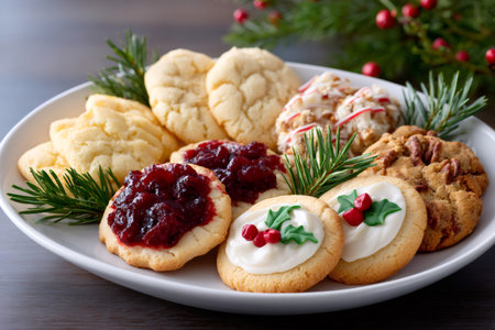 Delicious homemade Christmas cookies with festive decorations, creating a warm holiday atmosphereの素材