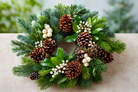 Christmas wreath with pine cones, white berries and green leaves, perfect for holiday decorationsの素材