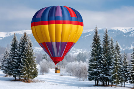Tourists enjoying a hot air balloon ride over a beautiful snowy winter landscape with pine trees and mountainsの素材