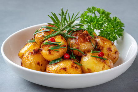 Small roasted potatoes seasoned with olive oil, rosemary and pink pepper, served in a white bowlの素材