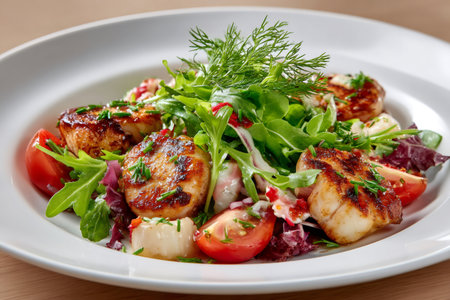 Pan-seared scallops served atop a vibrant salad of mixed greens, cherry tomatoes, and fresh dill, creating a healthy and delicious mealの素材