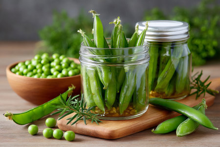 Fresh green peas and pea pods preserved in glass jars, ready for winter storageの素材