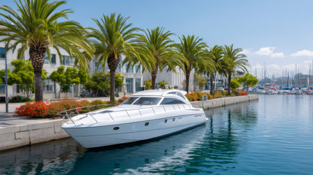 White motor yacht moored near the pier in a modern marina surrounded by palm treesの素材