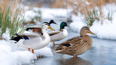 Mallard ducks standing and swimming in a partially frozen stream during winter with snow covered banksの素材