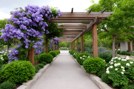 Tranquil walkway under a wooden pergola adorned with vibrant wisteria blossoms, creating a serene atmosphere in a lush gardenの素材