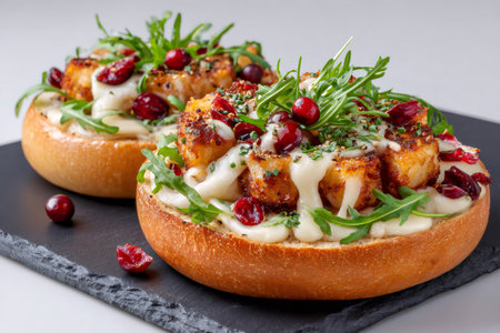 Two delicious bagels with fried cauliflower, cranberries, arugula and cheese sauce lying on a black stone trayの素材