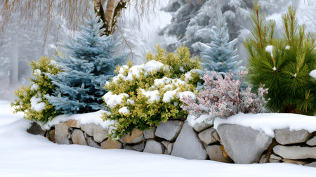 Winter landscape featuring snow-covered evergreen plants and a stone wall in a tranquil garden settingの素材