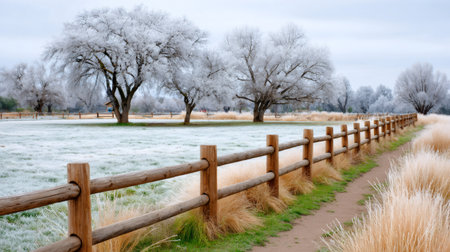 Tranquil winter scenery with frosted trees, snowy path, and wooden fence creating a serene countryside atmosphereの素材
