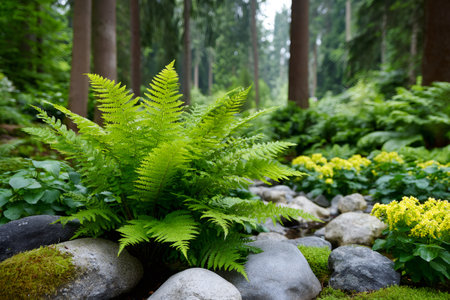 Lush fern growing in a shady forest environment, surrounded by rocks and other plantsの素材