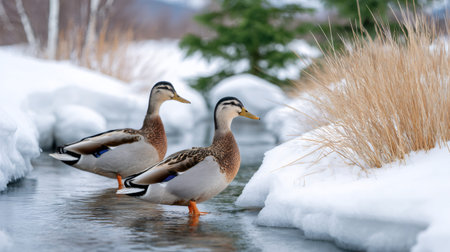 Two ducks standing in a stream of water surrounded by snow and dry grassの素材