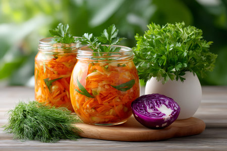 Two glass jars with homemade pickled carrot and cabbage salad, decorated with parsley and dill, red cabbage and parsley on wooden tableの素材