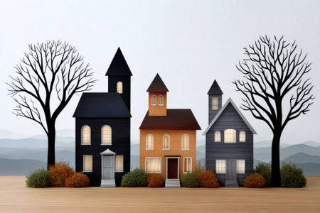 Miniature Halloween village with illuminated houses and spooky trees creating a cozy atmosphereの素材