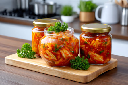 Glass jars of kimchi fermenting on a wooden cutting board, garnished with fresh parsley, on a kitchen counterの素材