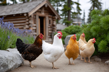Group of chickens of different colors walking in front of a wooden house in a farmの素材