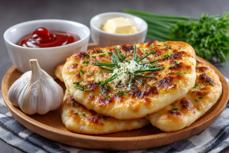 Delicious homemade garlic naan bread with herbs, butter and ketchup being served on a wooden plateの素材