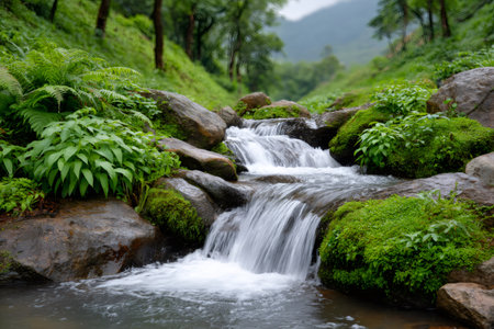 Small waterfall cascading over rocks in a peaceful forest setting, creating a tranquil and refreshing sceneの素材