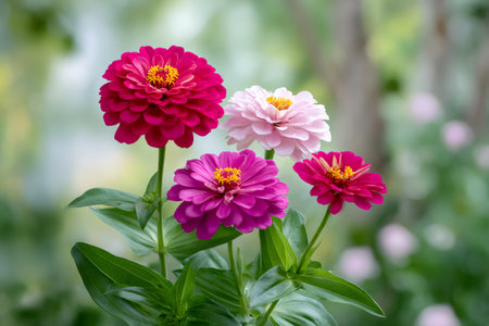 Four colorful zinnia flowers blooming in a summer gardenの素材