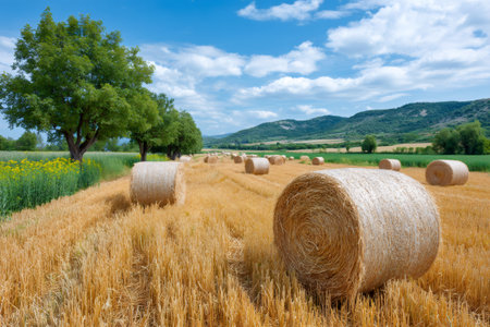 Round hay bales lying on a mowed wheat field after harvesting under blue sky with cloudsの素材