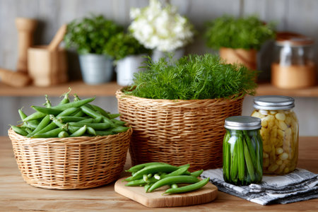 Fresh green beans, dill, and jars of pickled beans and garlic create a vibrant display of homegrown and preserved foodの素材