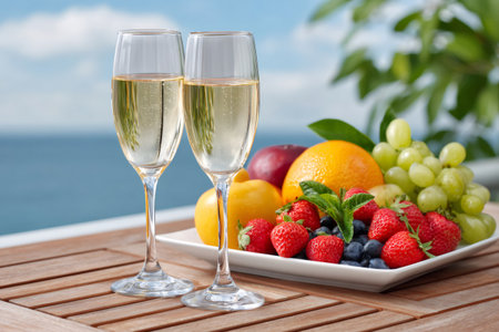 Two glasses of champagne and fresh fruit standing on a table near the seaの素材