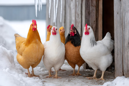 Five chickens of different colors are standing in the snow in front of their barn in winterの素材