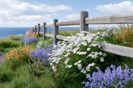 Daisies and wildflowers growing by a wooden fence overlooking the ocean on a beautiful summer dayの素材