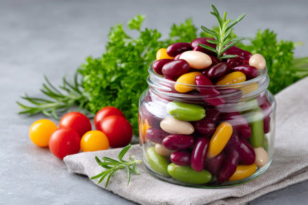 Colorful beans in glass jar with rosemary and cherry tomatoes on gray background, healthy eating conceptの素材