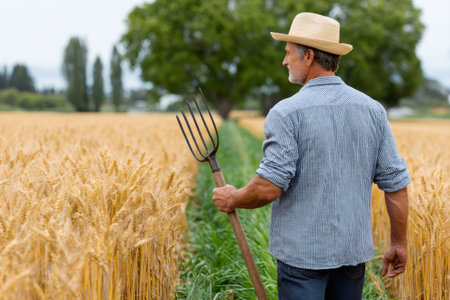 Mature farmer walking in his wheat field holding a pitchfork, admiring his plantationの素材