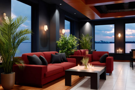 Elegant living room with red sofas and large windows offering breathtaking sunset views over the seaの素材