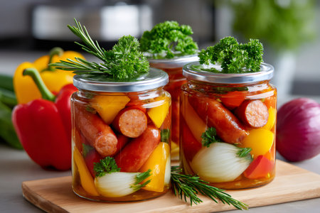 Glass jars filled with sausages, peppers, onions, parsley and rosemary, creating a colorful and flavorful preserved foodの素材