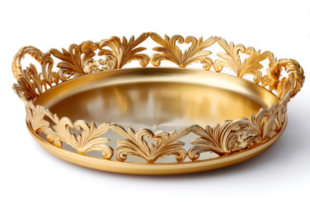 Empty golden tray with ornate acanthus leaf border standing on white background, perfect for elegant servingの素材