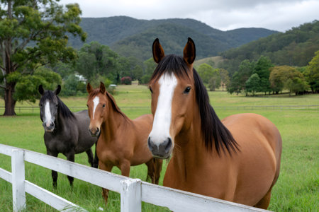 Three horses standing in a green field behind a white fence with mountains in the backgroundの素材