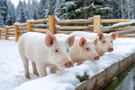 Three little pigs drinking water in winter at the farmの素材