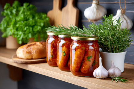 Glass jars with preserved sausages, herbs and spices on wooden shelf in kitchenの素材