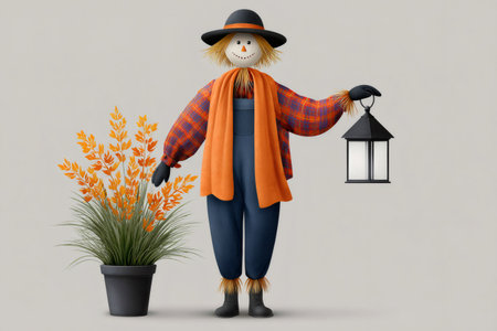 3d render of scarecrow wearing hat, shirt, scarf and dungarees holding lantern standing next to a potted plantの素材