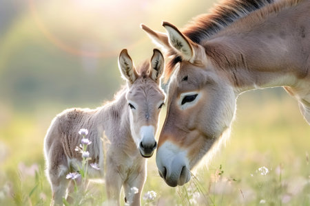 Mother and baby donkey bonding in a sunlit meadowの素材